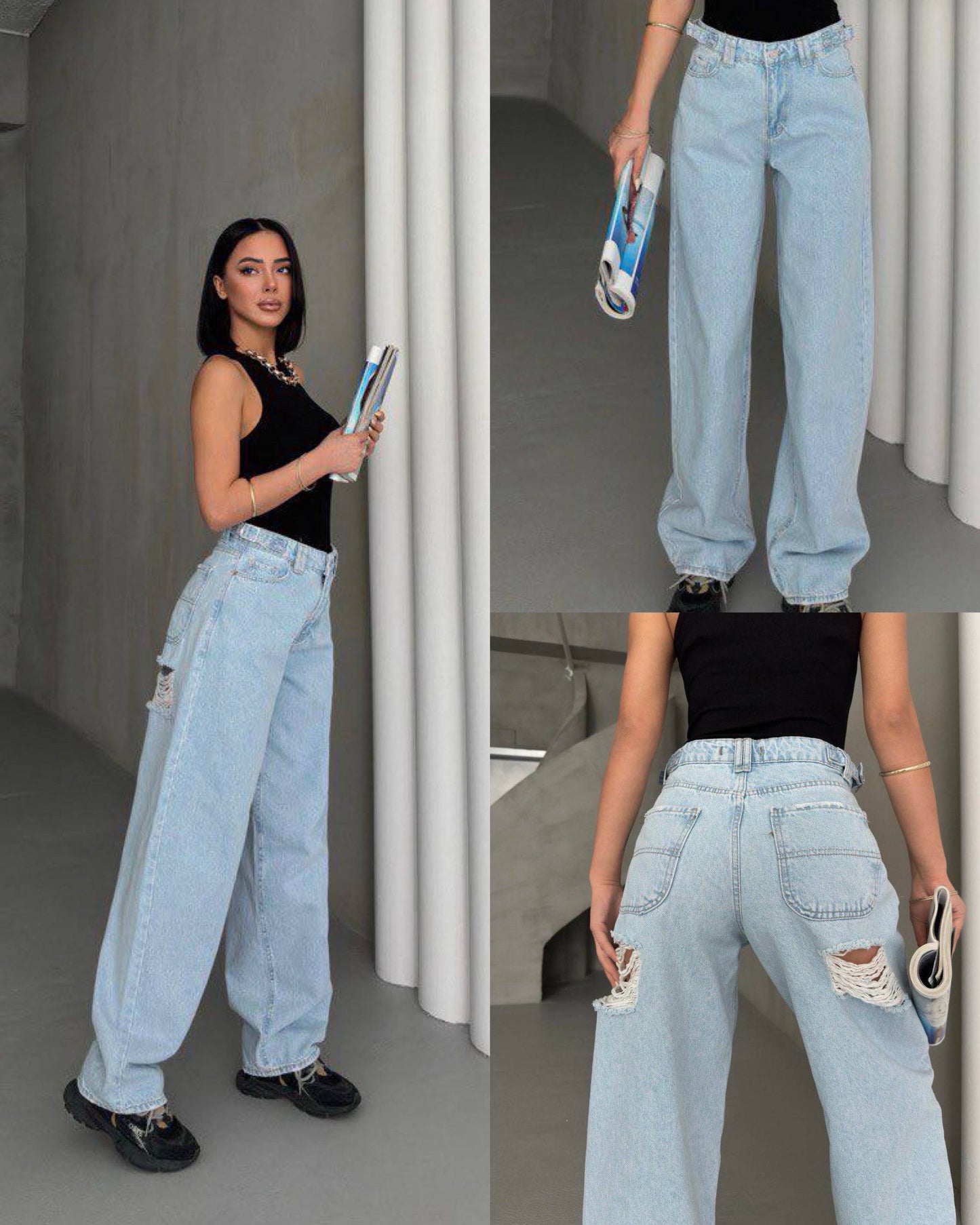Light wash baggy jeans with rips on the butt