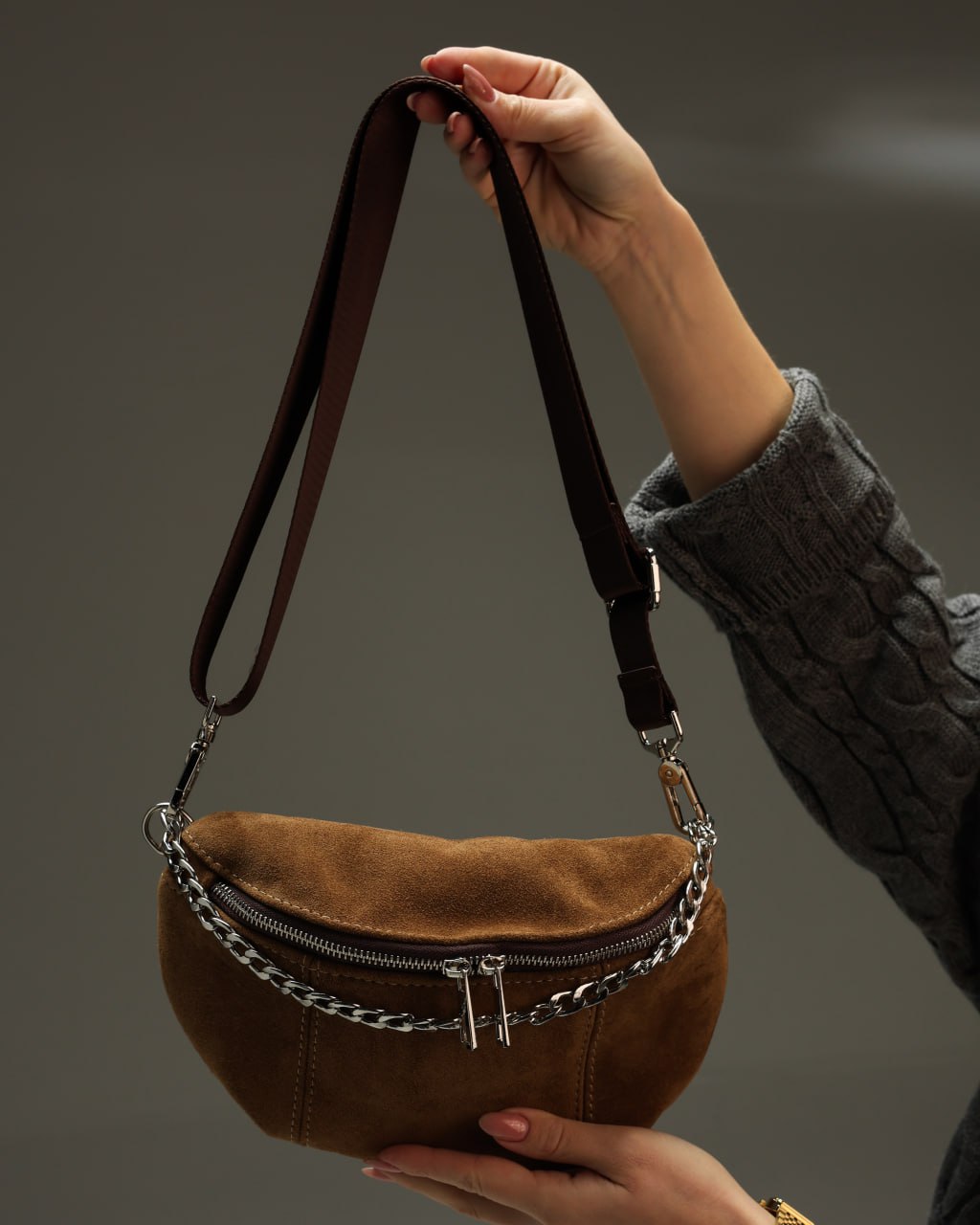Women's fanny pack made of genuine suede, brown