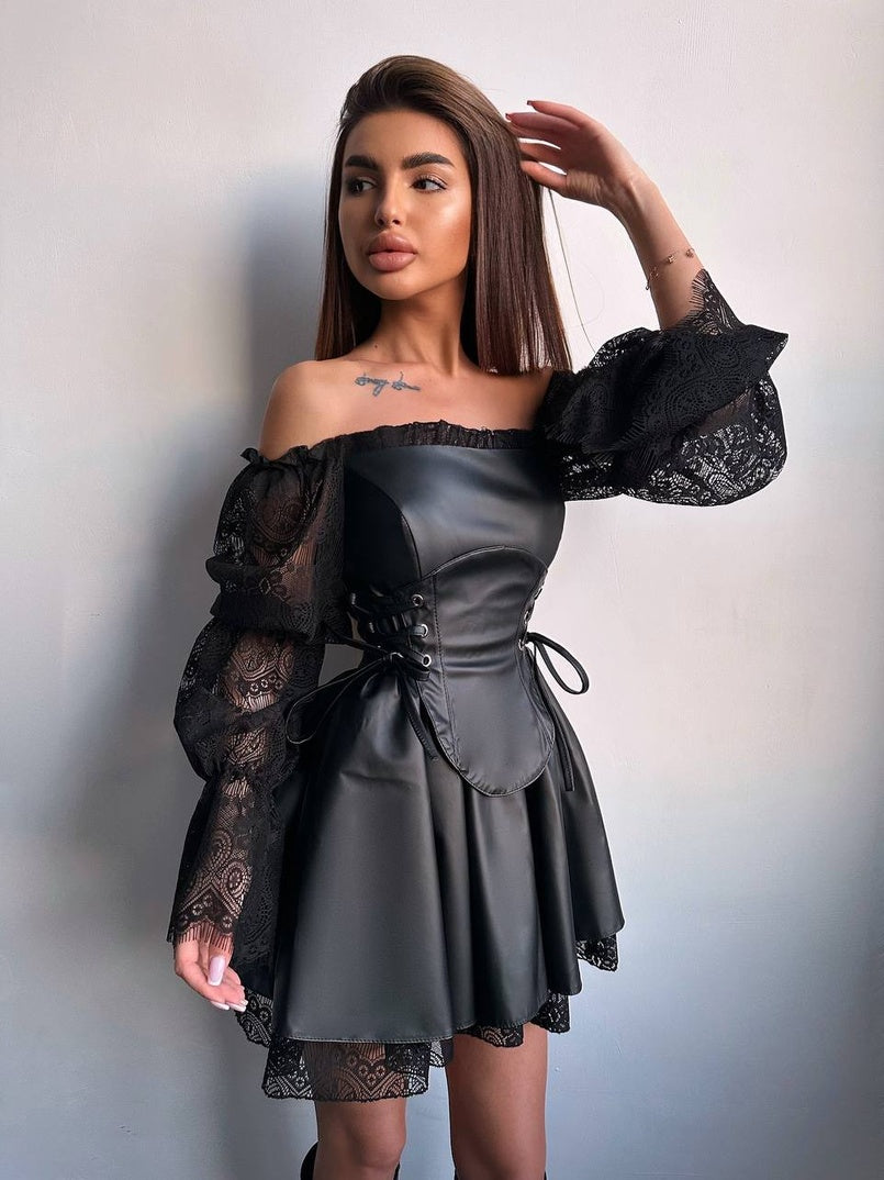 Faux leather corset dress with lace sleeves – Adler Store