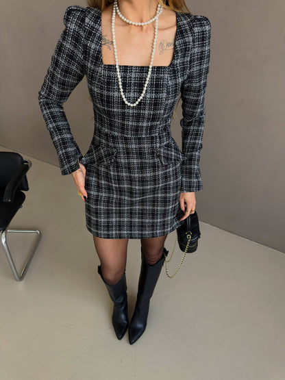 Tweed mini dress with a cinched waist
