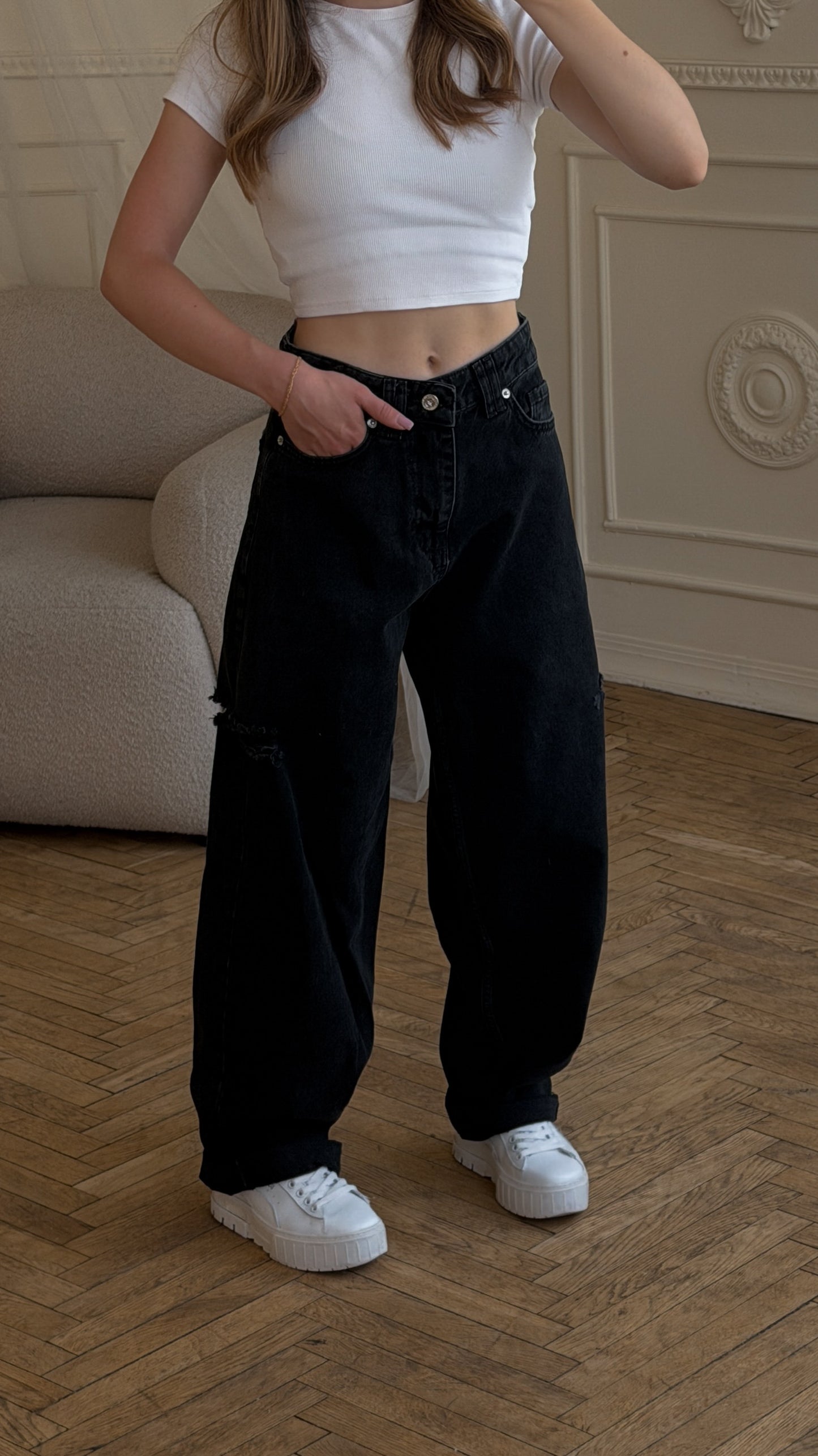 Jeansy baggy z rozcięciami, ciemne