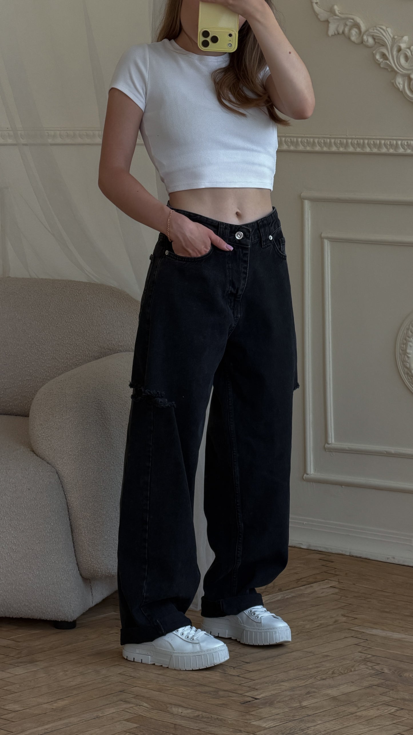 Jeansy baggy z rozcięciami, ciemne