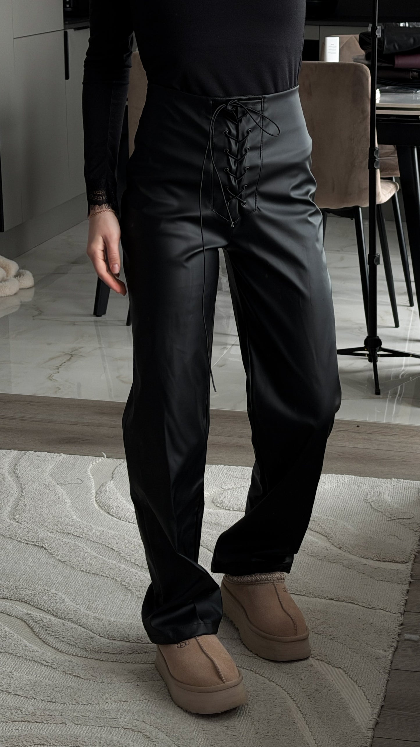 Lace-up faux leather trousers