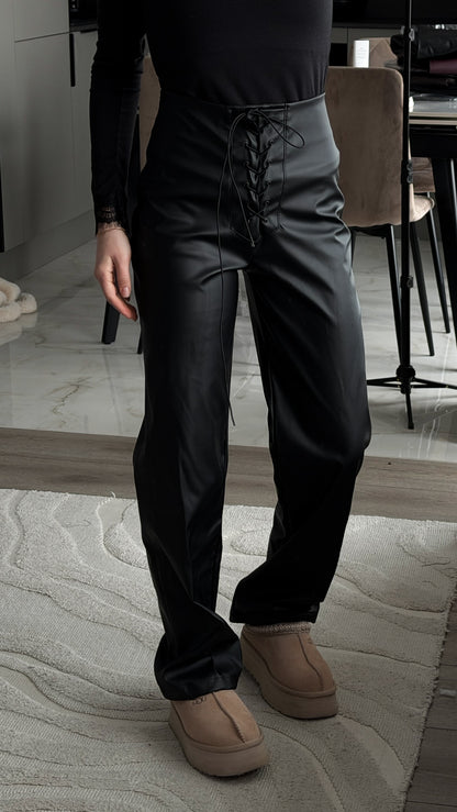 Lace-up faux leather trousers