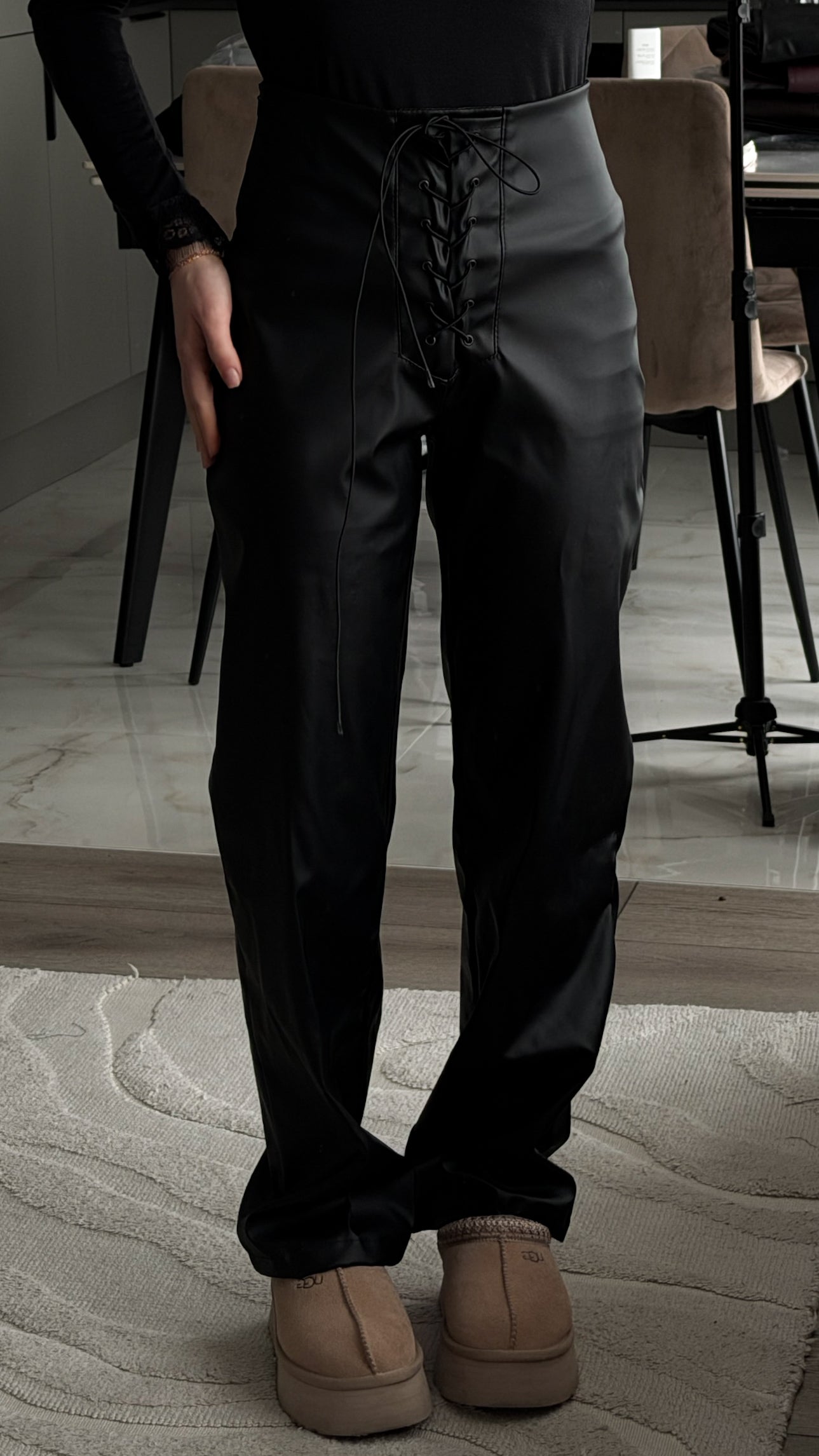 Lace-up faux leather trousers