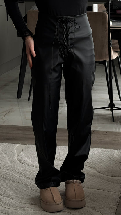 Lace-up faux leather trousers