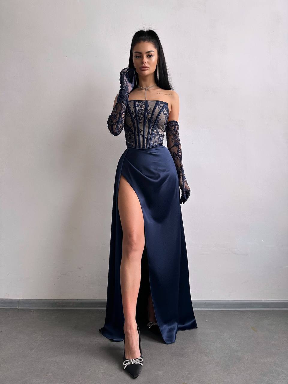 Dress - Set: lace corset + gloves + maxi skirt