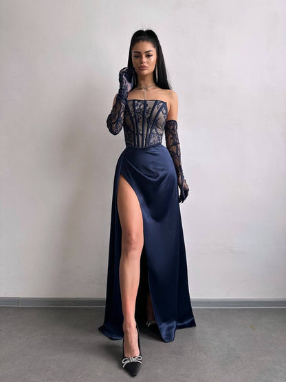 Dress - Set: lace corset + gloves + maxi skirt