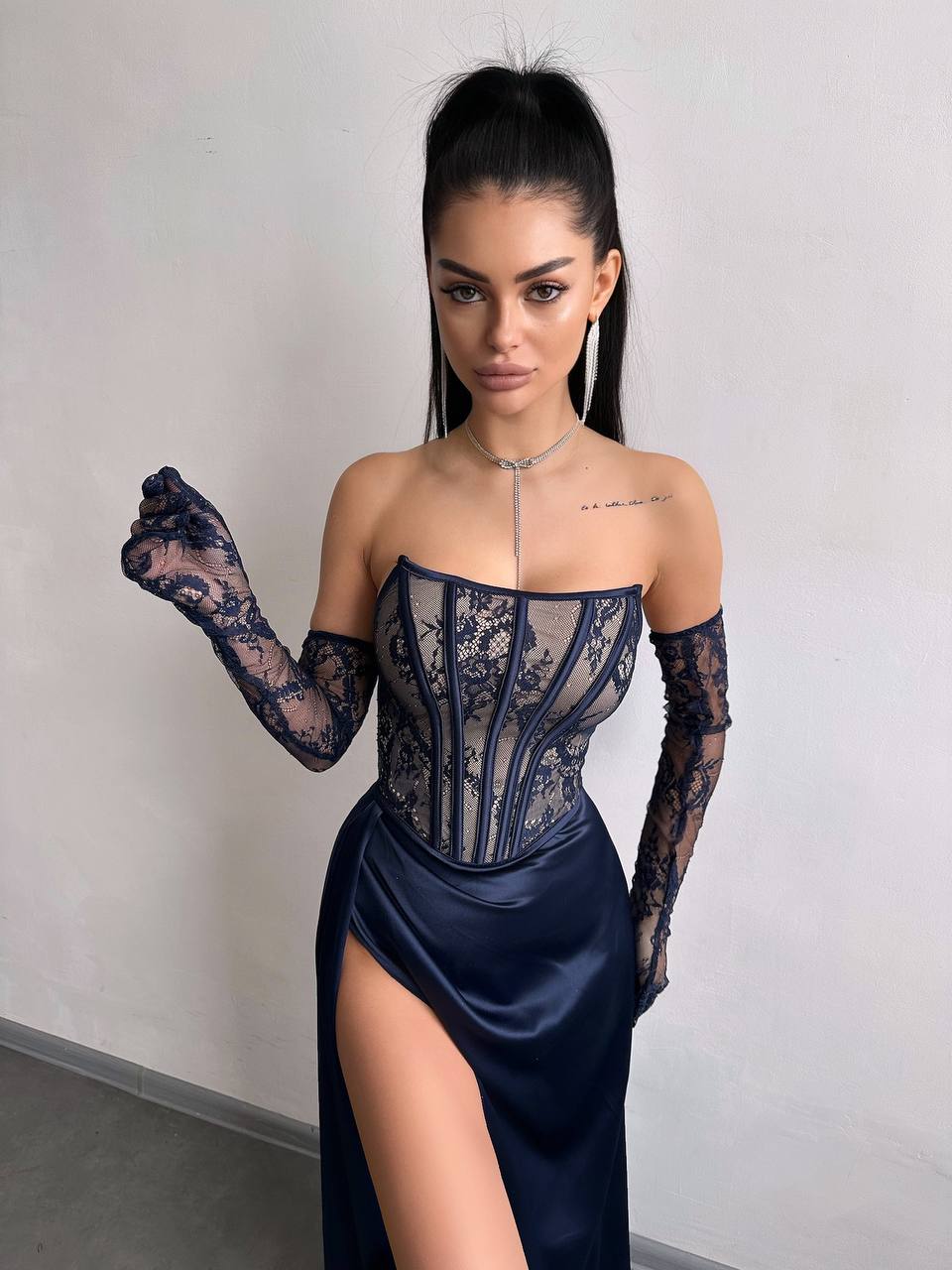 Dress - Set: lace corset + gloves + maxi skirt