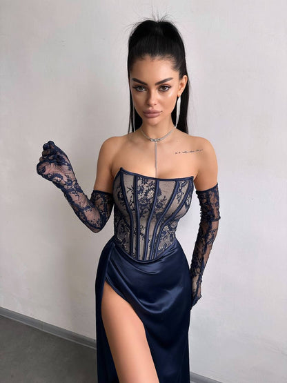 Dress - Set: lace corset + gloves + maxi skirt
