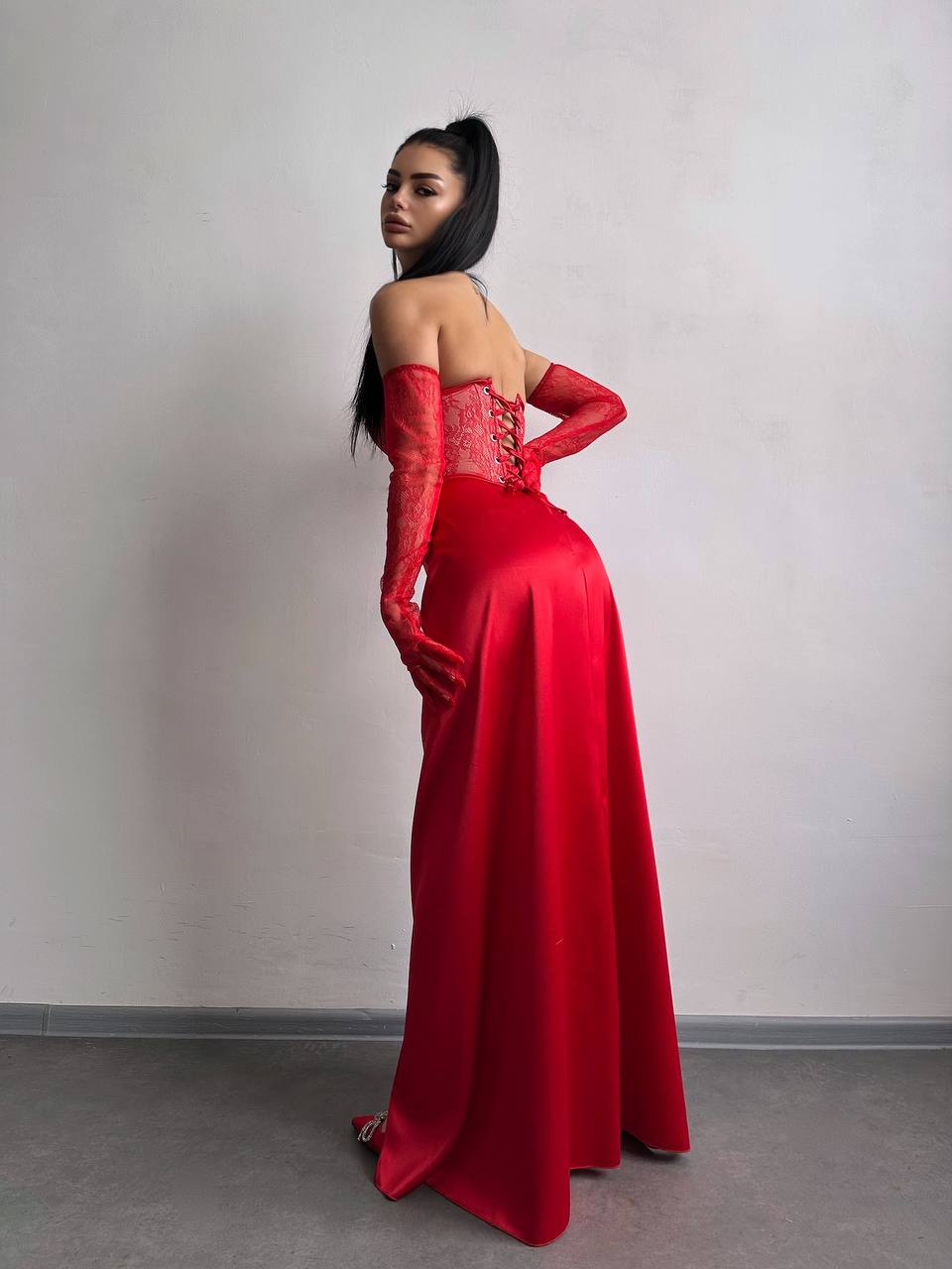Dress - Set: lace corset + gloves + maxi skirt