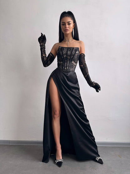 Dress - Set: lace corset + gloves + maxi skirt