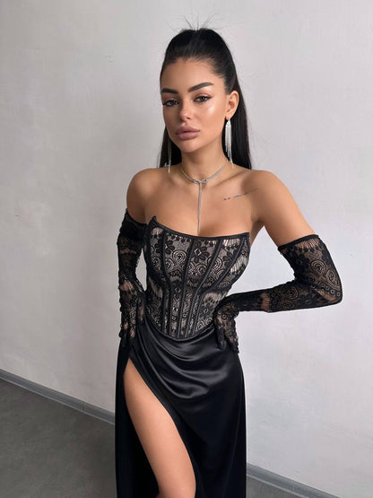 Dress - Set: lace corset + gloves + maxi skirt