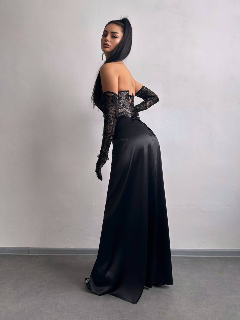 Dress - Set: lace corset + gloves + maxi skirt