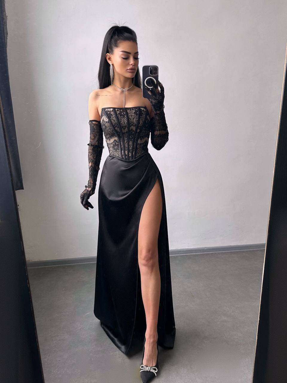 Dress - Set: lace corset + gloves + maxi skirt