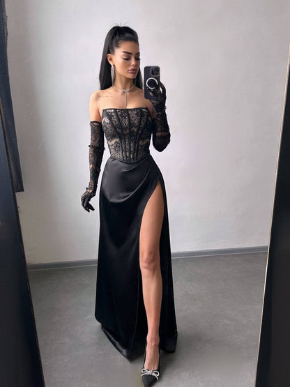 Dress - Set: lace corset + gloves + maxi skirt