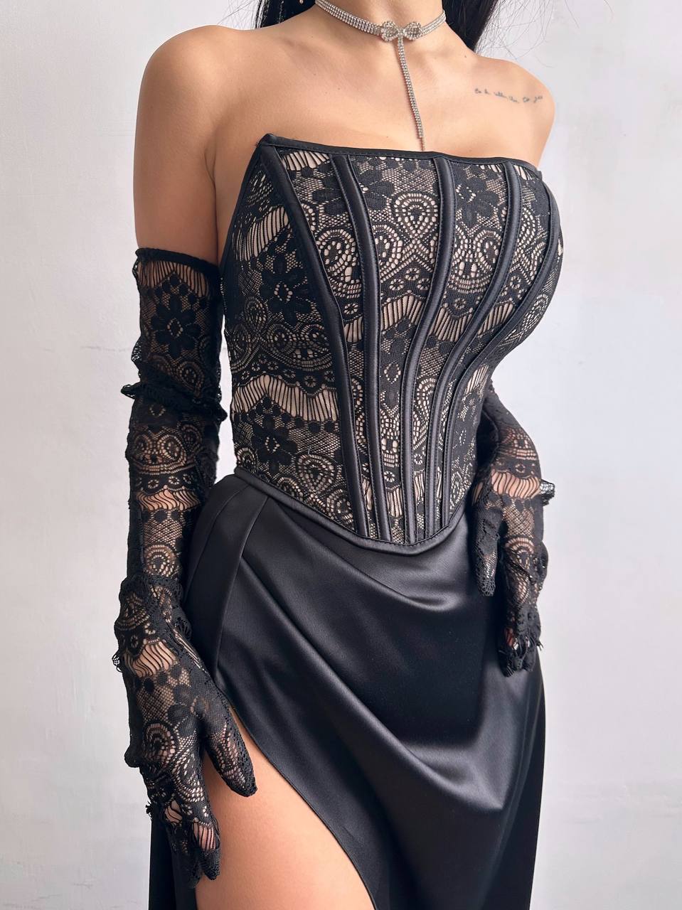 Dress - Set: lace corset + gloves + maxi skirt