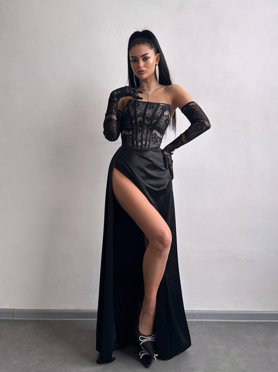 Dress - Set: lace corset + gloves + maxi skirt