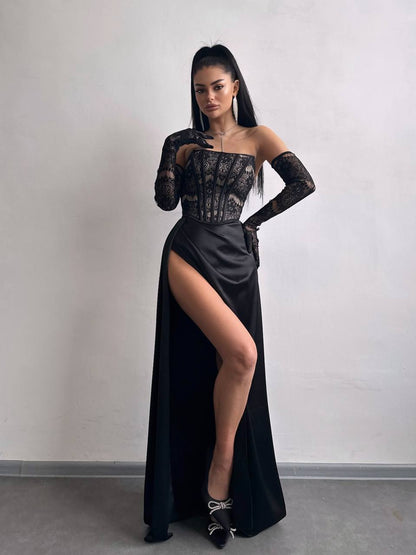 Dress - Set: lace corset + gloves + maxi skirt