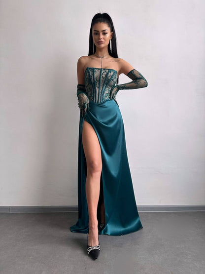 Dress - Set: lace corset + gloves + maxi skirt