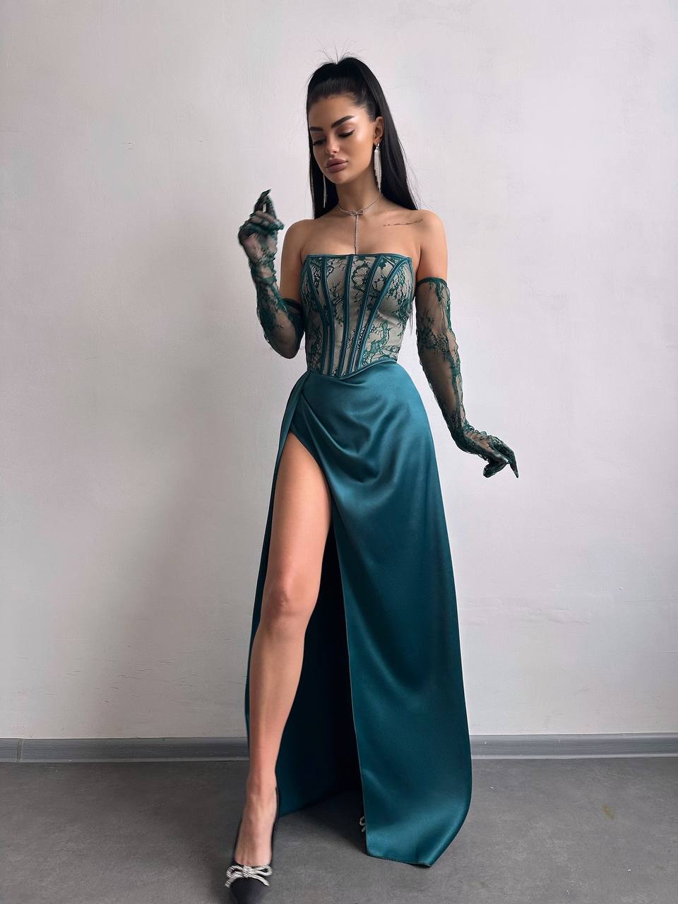 Dress - Set: lace corset + gloves + maxi skirt