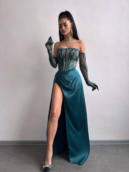 Dress - Set: lace corset + gloves + maxi skirt