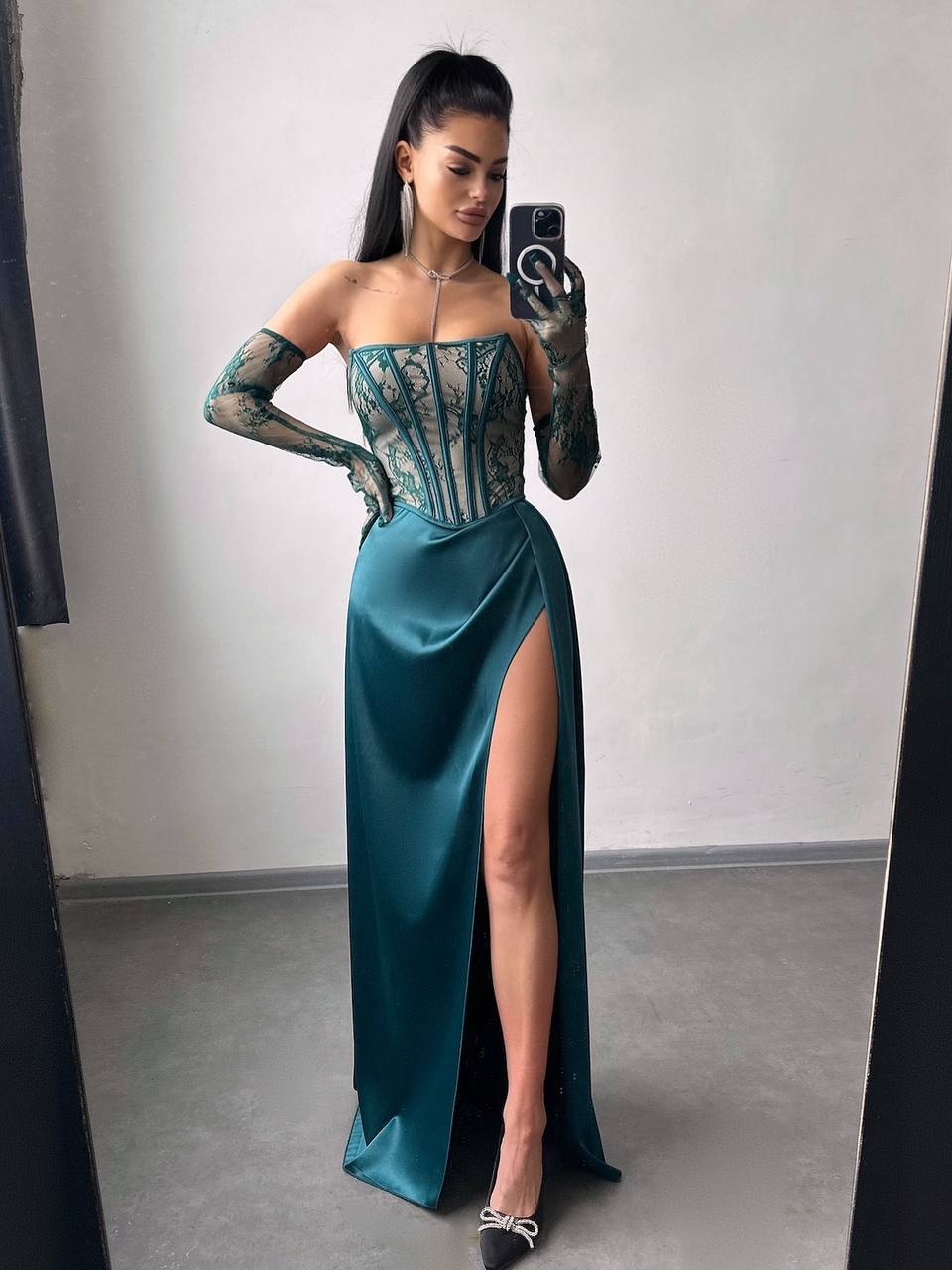 Dress - Set: lace corset + gloves + maxi skirt