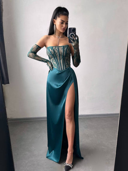 Dress - Set: lace corset + gloves + maxi skirt