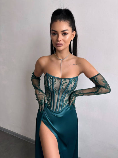 Dress - Set: lace corset + gloves + maxi skirt