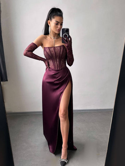 Dress - Set: lace corset + gloves + maxi skirt