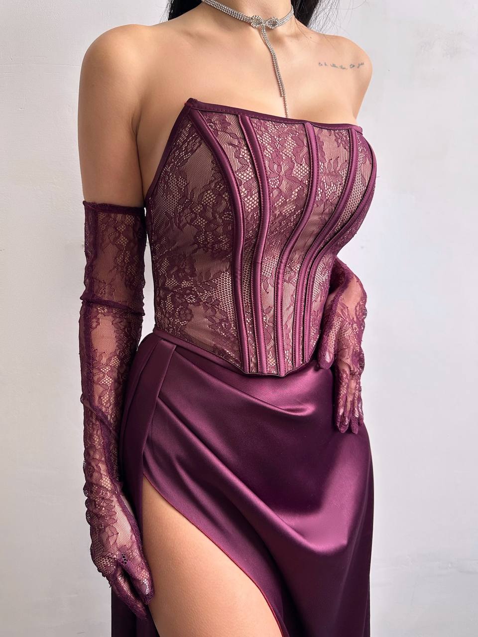Dress - Set: lace corset + gloves + maxi skirt