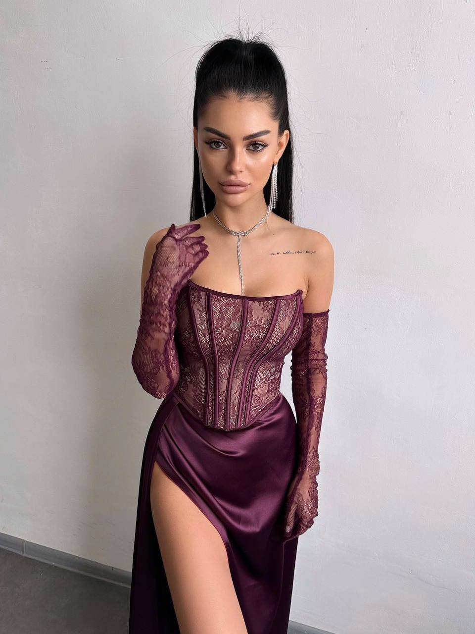 Dress - Set: lace corset + gloves + maxi skirt