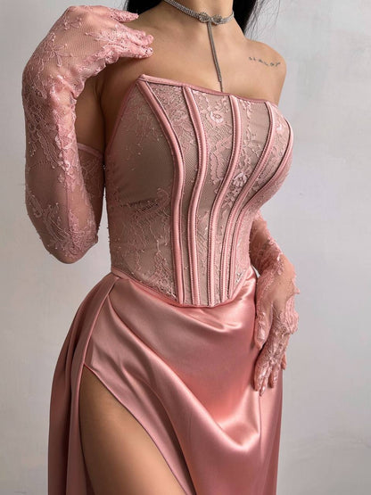 Dress - Set: lace corset + gloves + maxi skirt