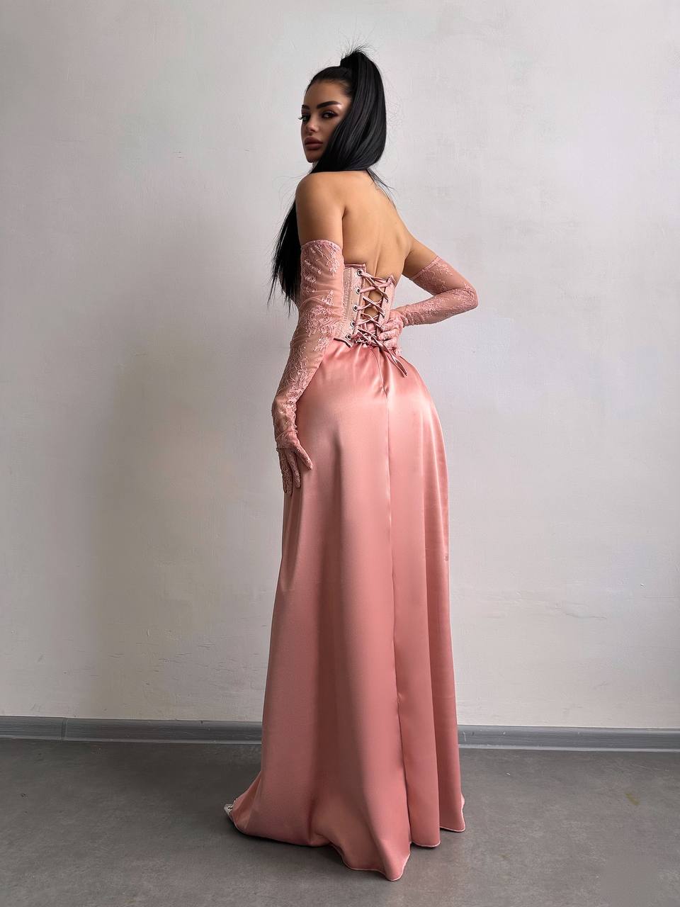 Dress - Set: lace corset + gloves + maxi skirt