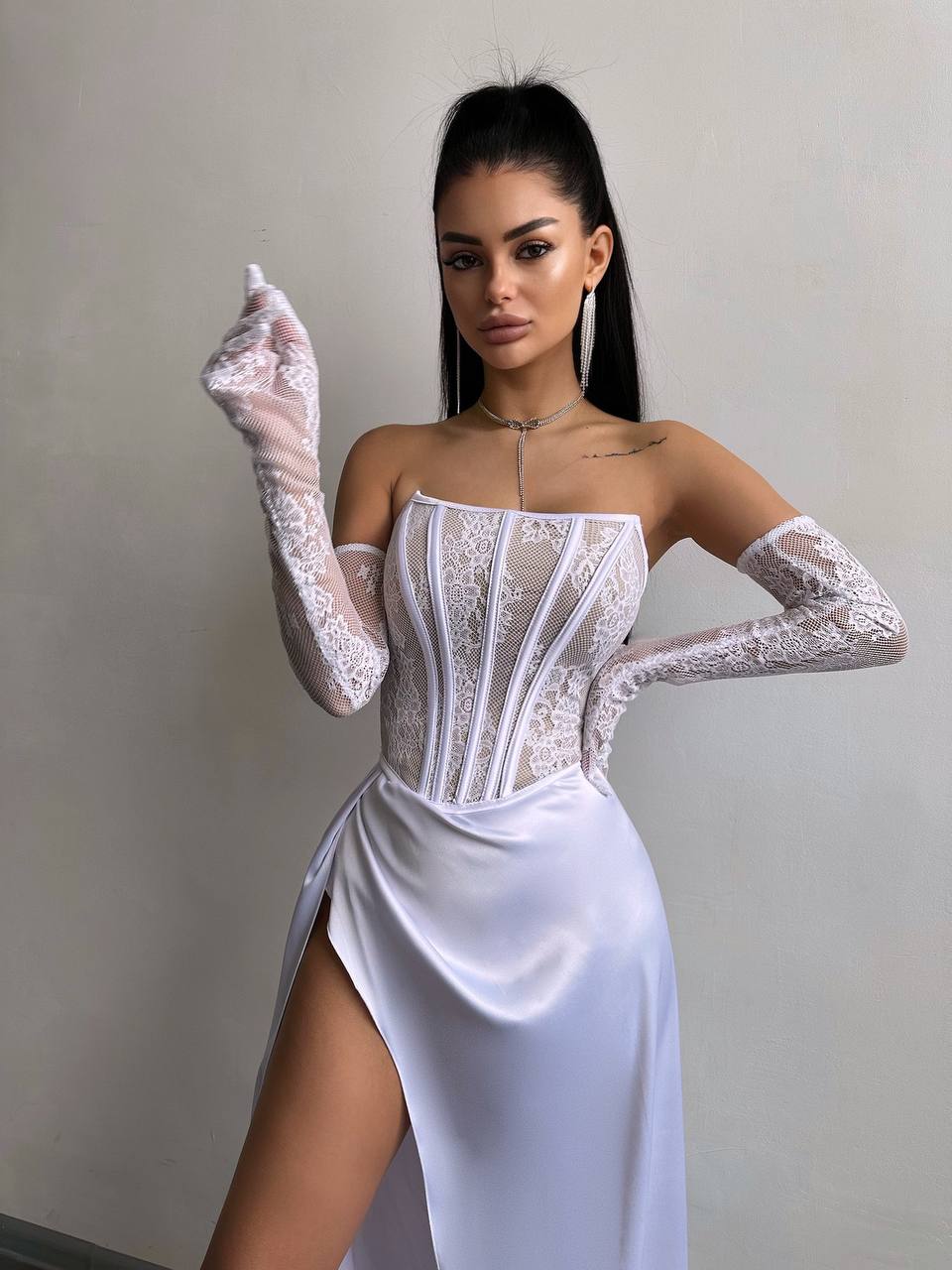 Dress - Set: lace corset + gloves + maxi skirt