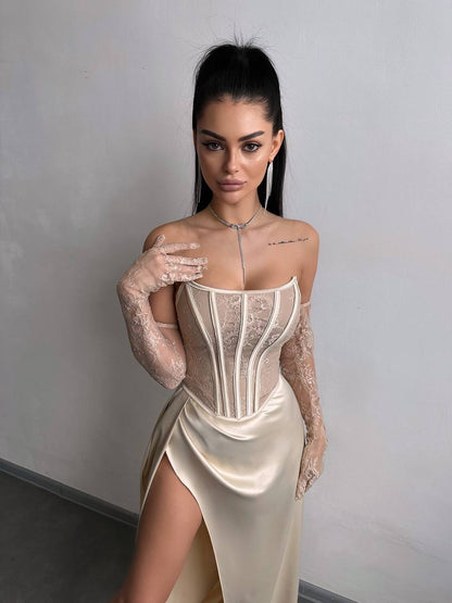 Dress - Set: lace corset + gloves + maxi skirt