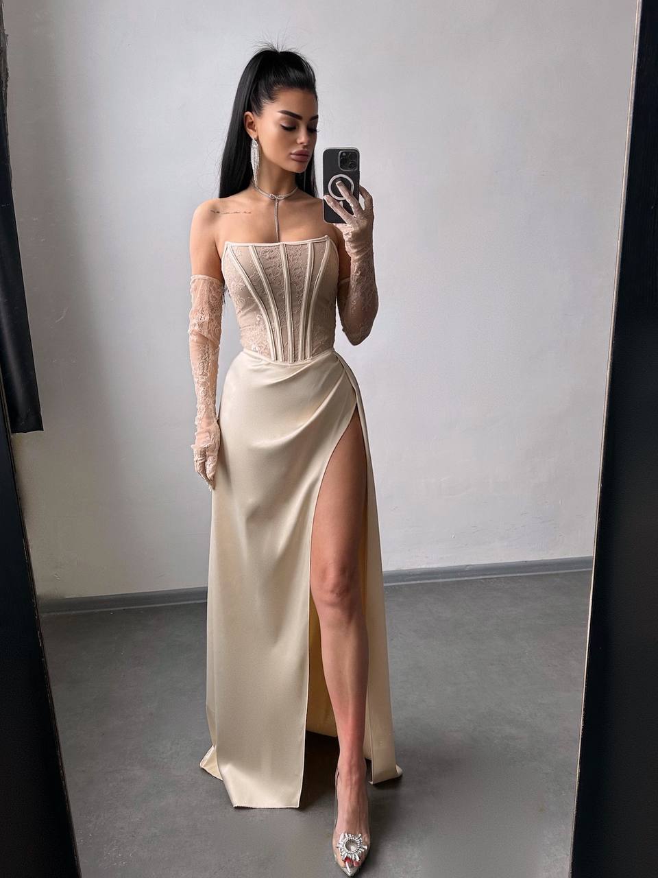 Dress - Set: lace corset + gloves + maxi skirt