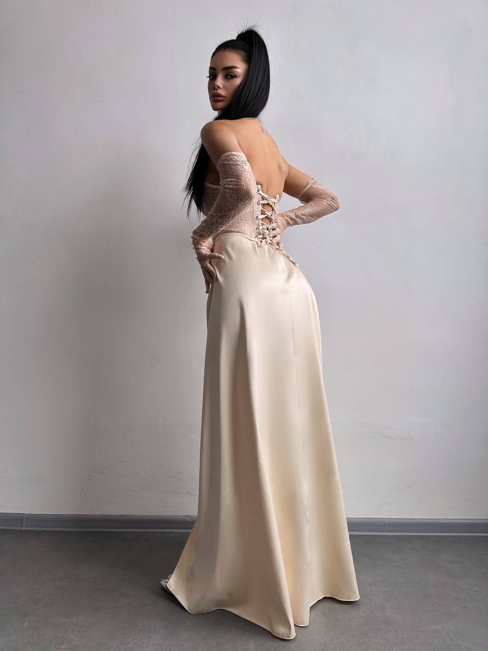 Dress - Set: lace corset + gloves + maxi skirt