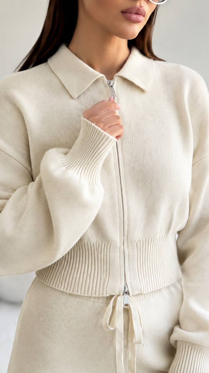 Two-piece set: (zip-up collared top and wide straight-leg trousers)
