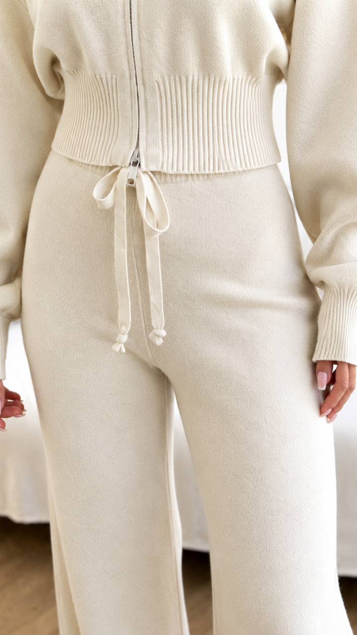 Two-piece set: (zip-up collared top and wide straight-leg trousers)