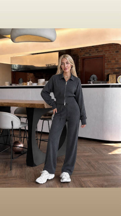 Two-piece set: (zip-up collared top and wide straight-leg trousers)