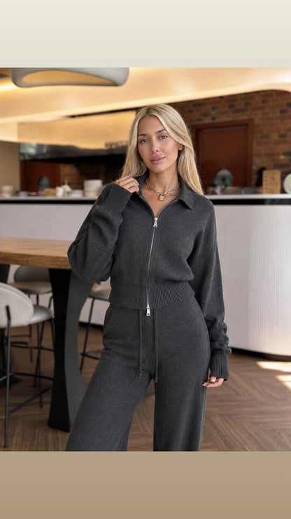 Two-piece set: (zip-up collared top and wide straight-leg trousers)