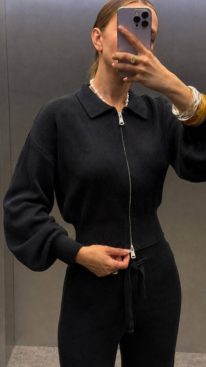 Two-piece set: (zip-up collared top and wide straight-leg trousers)