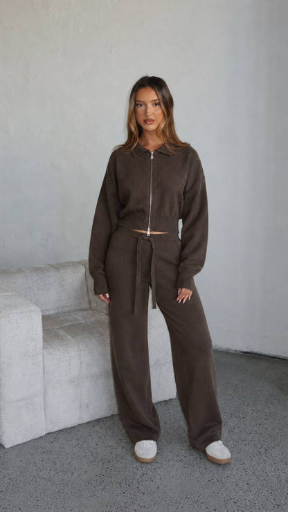 Two-piece set: (zip-up collared top and wide straight-leg trousers)