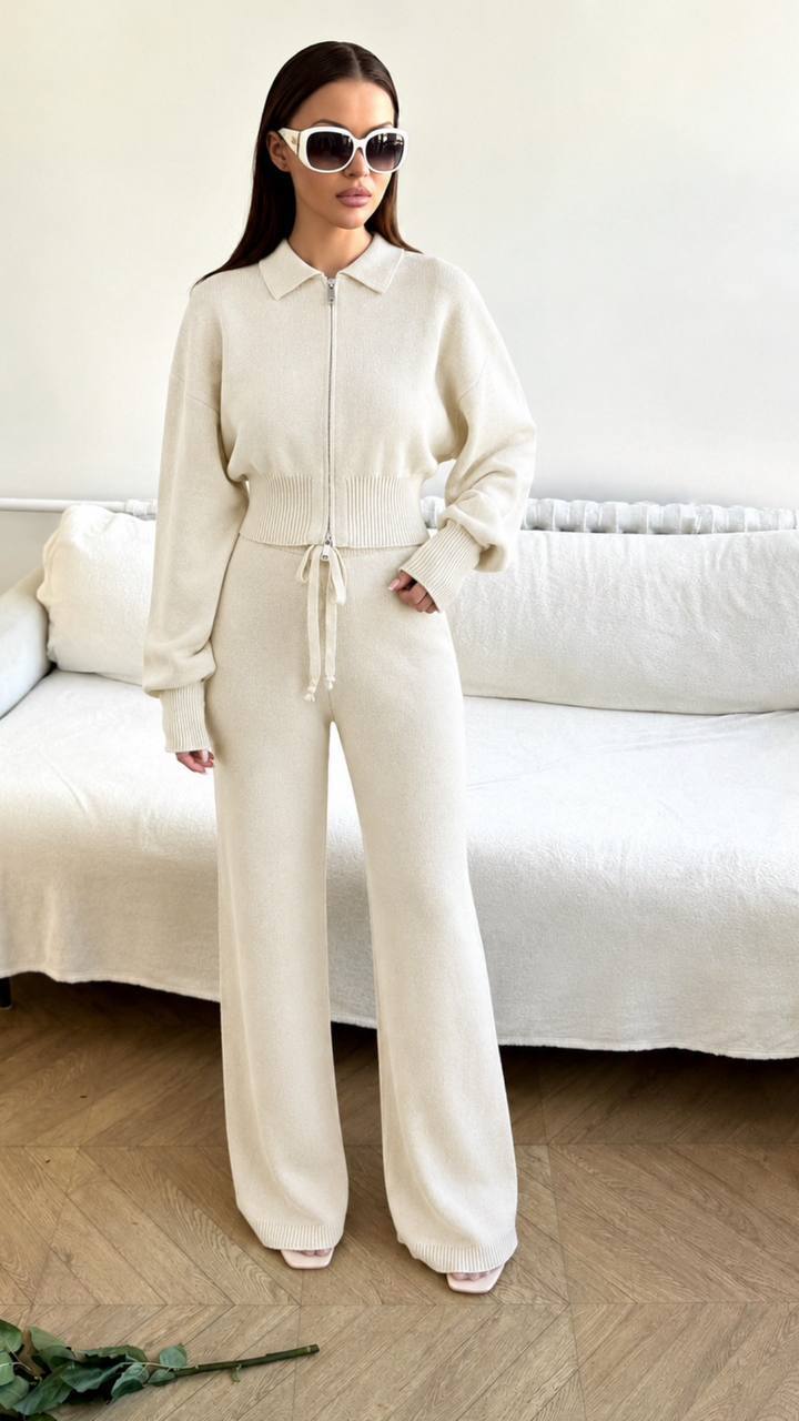 Two-piece set: (zip-up collared top and wide straight-leg trousers)