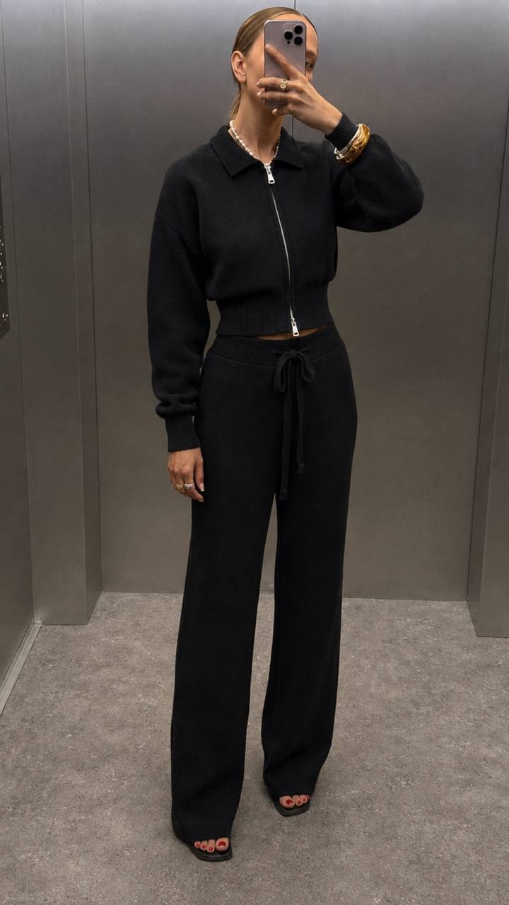 Two-piece set: (zip-up collared top and wide straight-leg trousers)
