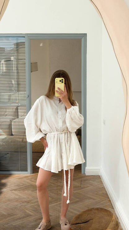 Linen dress with lace-up detail