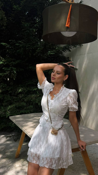 Set: (peplum blouse and airy tiered skirt), white