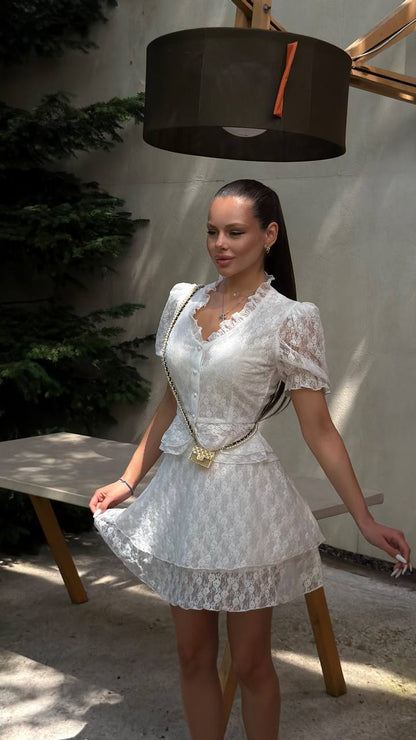 Set: (peplum blouse and airy tiered skirt), white