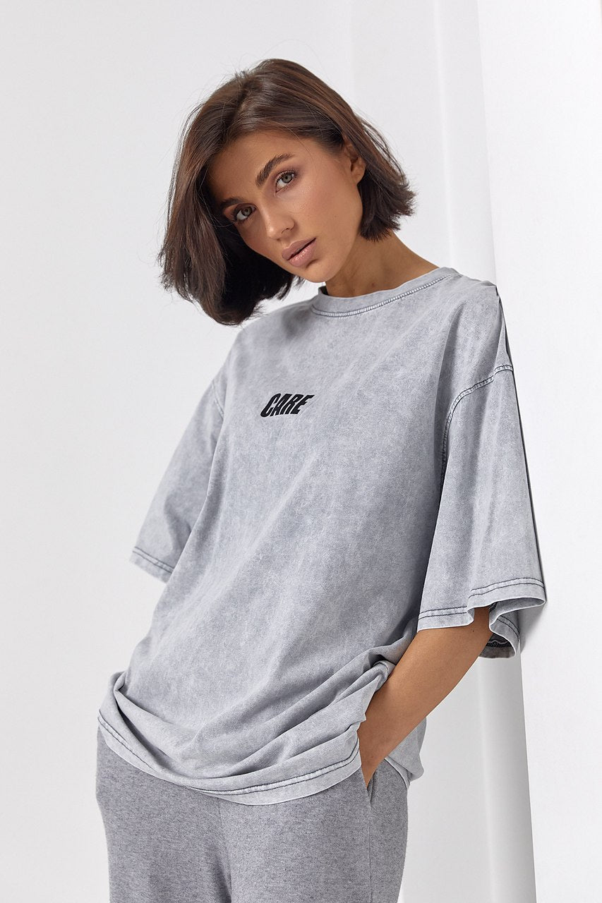 T-shirt oversize z nadrukiem, szary